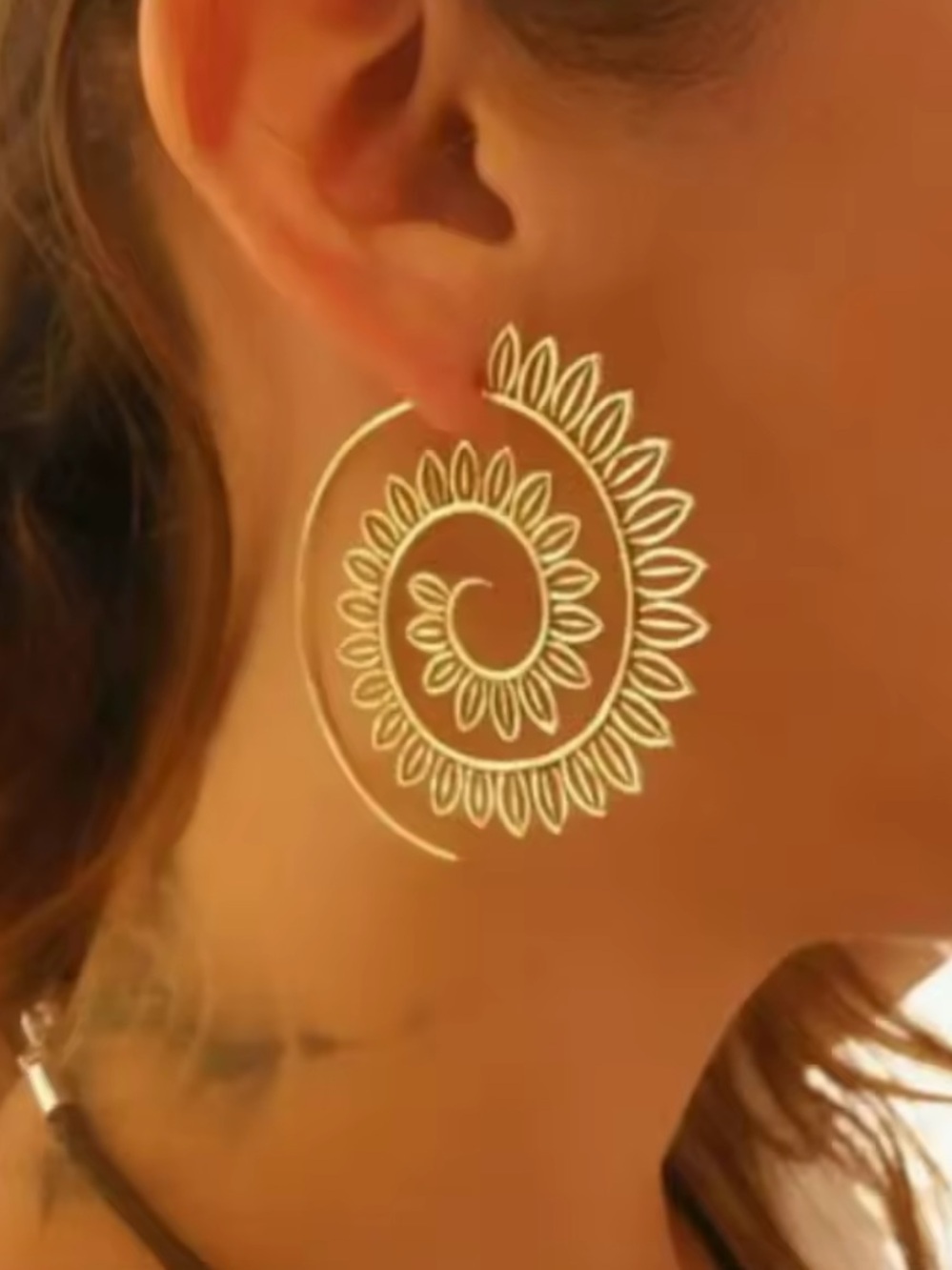 Anthropologie Gold Spiral Sunflower Hoop Earrings